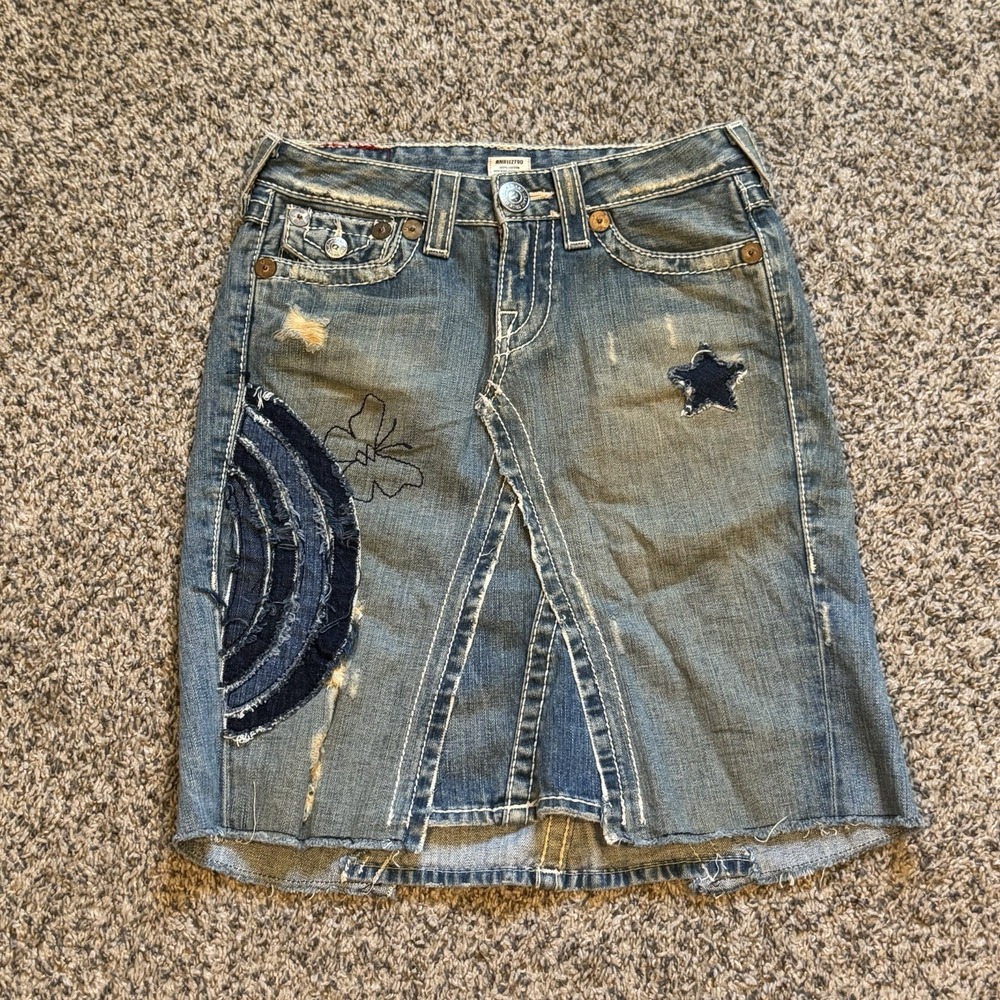 Vintage True Religion Women Y2K rainbow Patchwork Denim Mini Skirt Blue Size 26